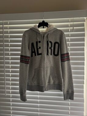Aeropostale Gray Cotton Holiday Christmas Zip-Up Hoodie with Sleeve Bands Size S